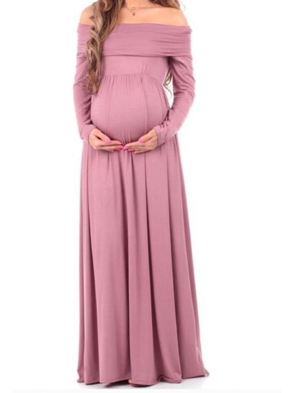 Mother Bee Maternity Pink Off Shoulder Long Sleeve Maxi Dress Gown Size Medium